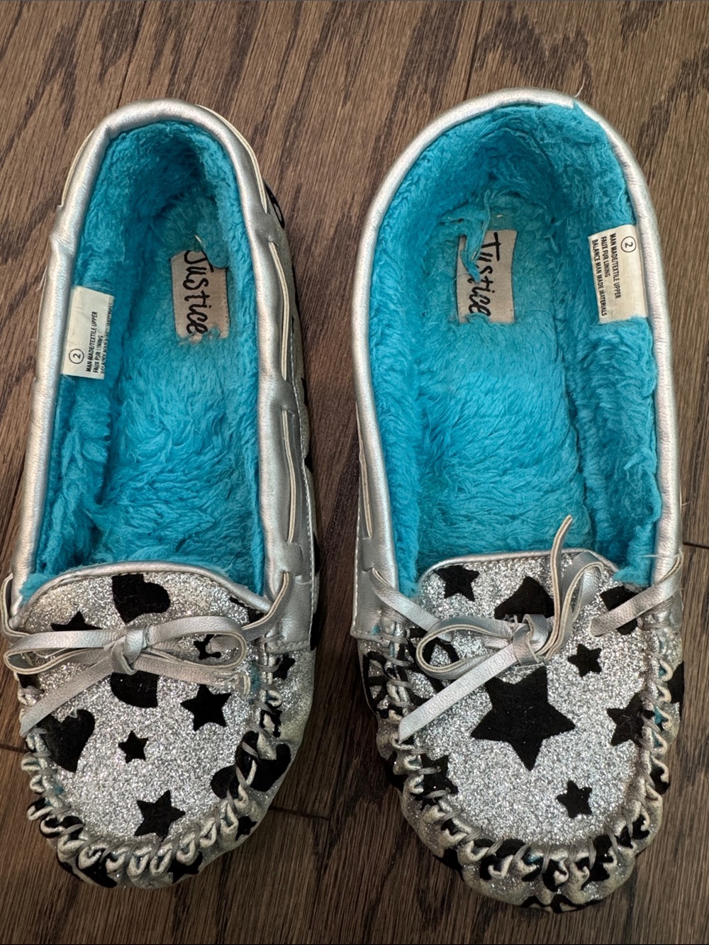 Justice Silver Glitter Star Moccasins with Turquoise Plush Lining !